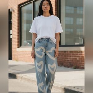 Angel Kiss Wide Leg Jeans Bleach Heart Print Y2K Denim Womens Size 1/25
